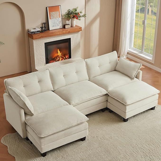 Amsleekey Modular Sectional Sofa, 111.5" U-Shaped Corduroy Comfy Sectional