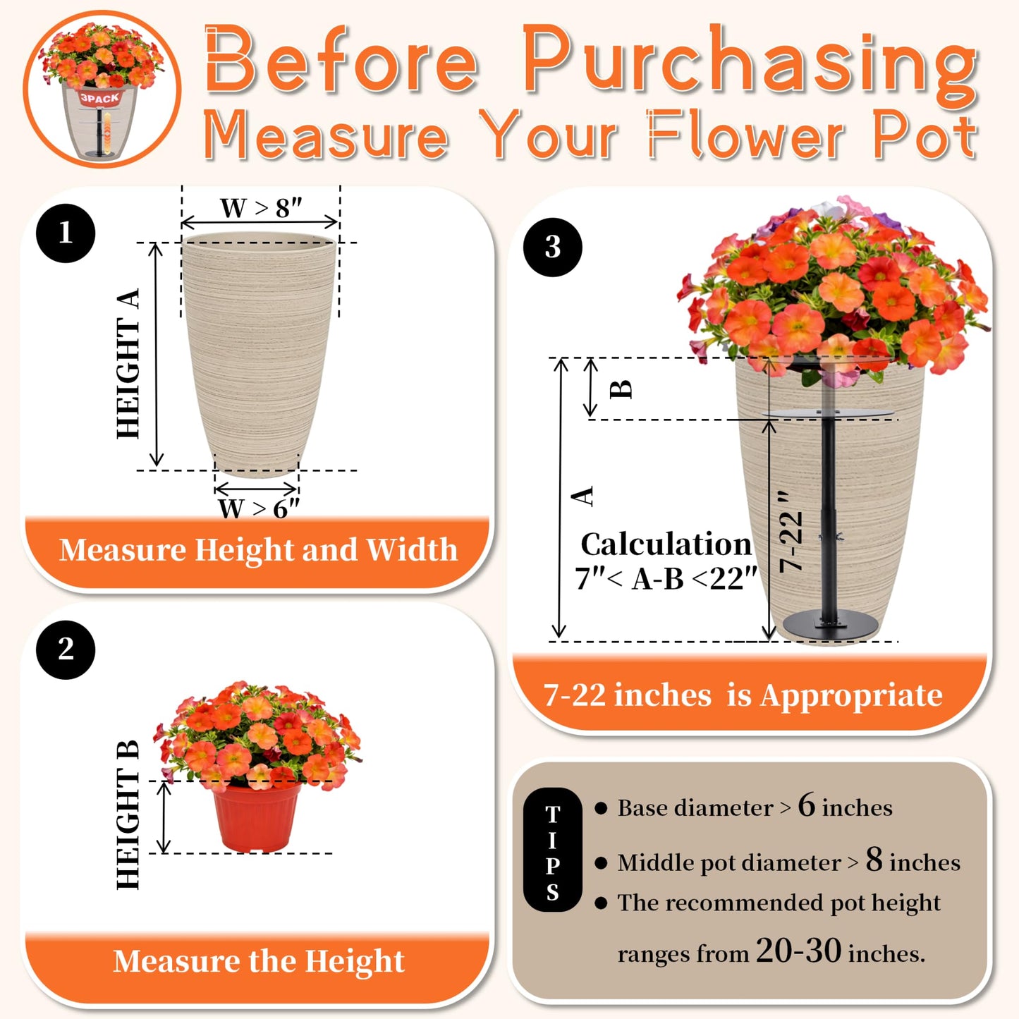 Sskzchh 3-Pack Adjustable Plant Risers for Inside Pots, 7"-22" Metal Plant Riser/Lifters for Pots Outdoor & Indoor, Tall Square Round Taper Planters, Planter Insert 6"/8"/10" Base & Top, Black