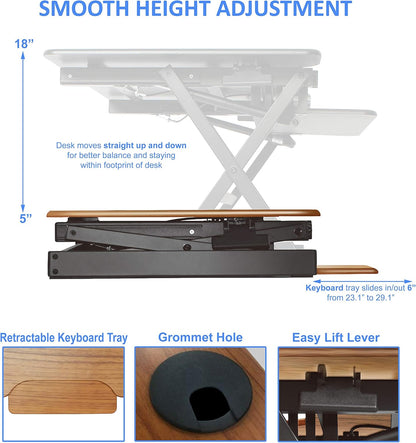 Rocelco 32" Height Adjustable Standing Desk Converter - Sit Stand Computer Workstation Riser - Dual Monitor Retractable Keyboard Tray Gas Spring Assist - Teak Wood Grain (R EADRT)
