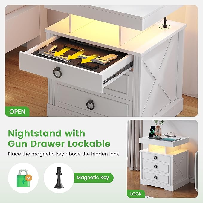 HNEBC Night Stand with Gun Drawers, Farmhouse Nightstand with Charging Station