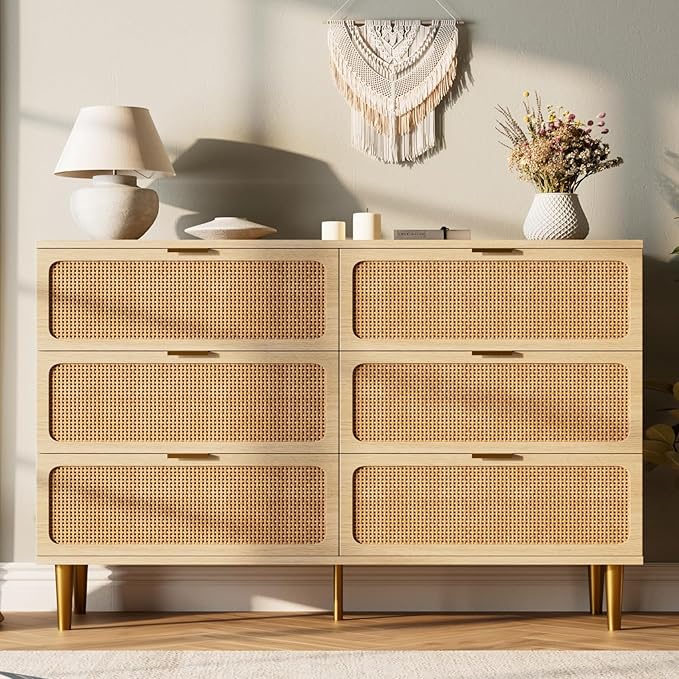 GarveeHome Rattan 6 Drawer Dresser