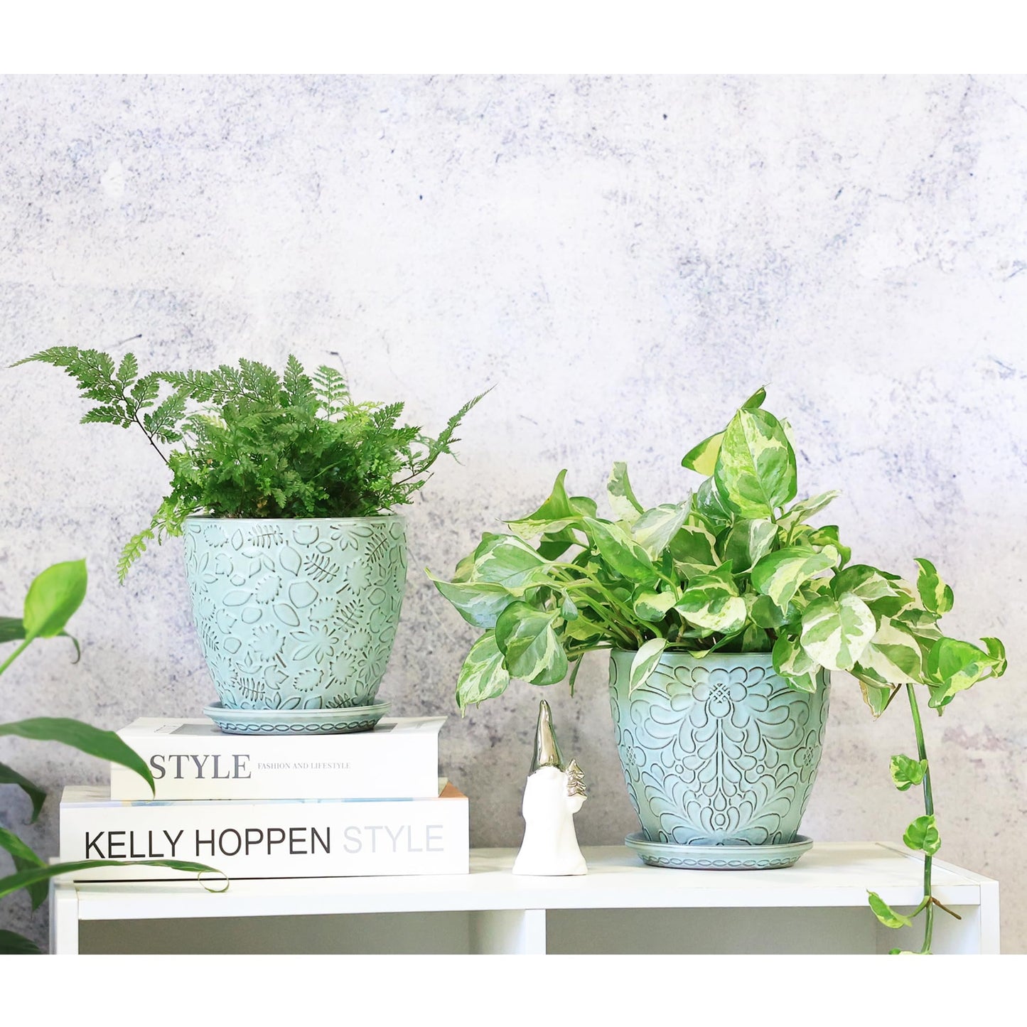 Bestseler 6 Inch Retro Ceramic Planter Set of 2 with Drainage Hole and Saucer for Plants, Indoor-Outdoor Garden Pots for Succulent, Orchid, and Flower (Fits Inner Pots Up to 5 Inches, Retro Green)