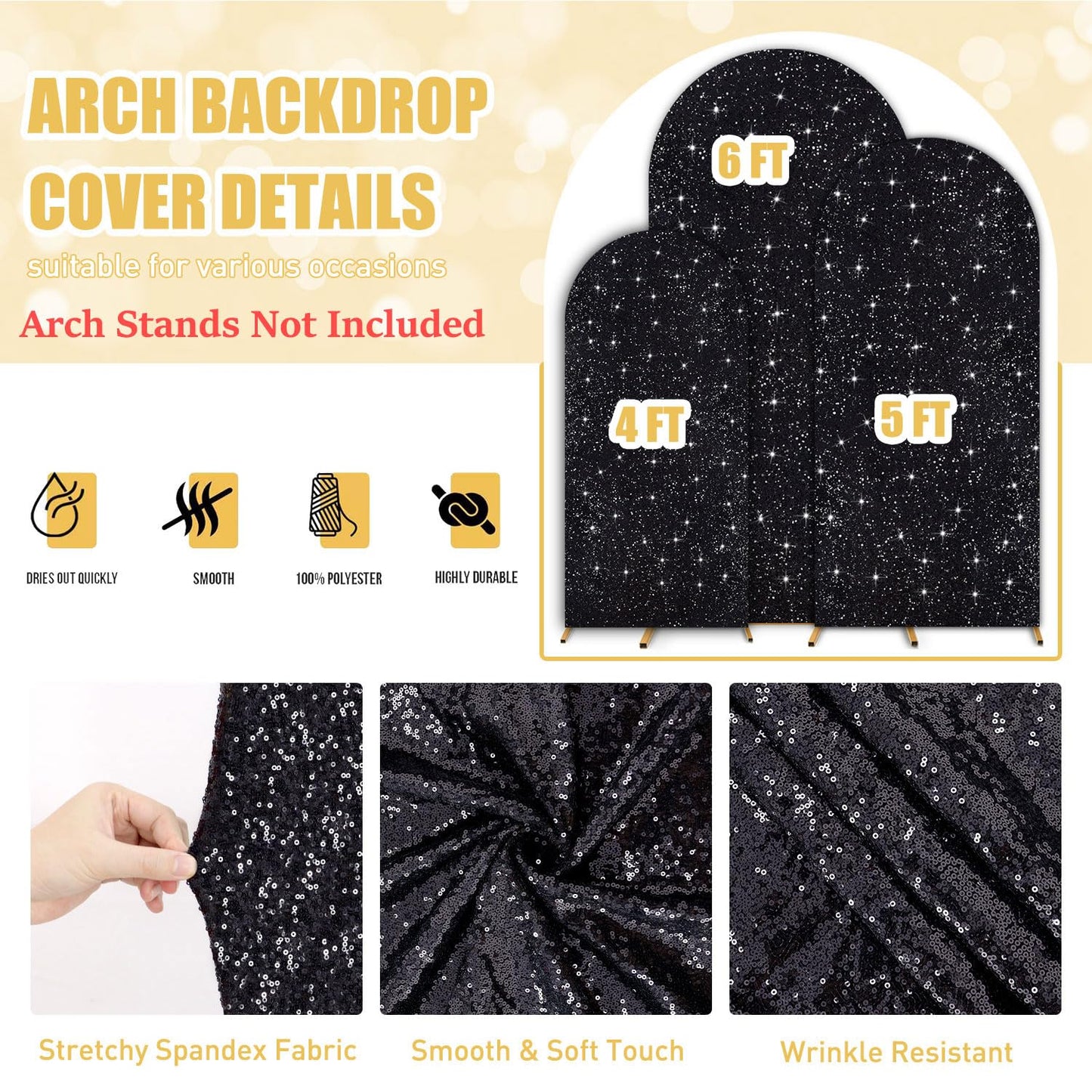 FUHSY Sequin Arch Cover Black Arch Backdrop Cover Set of 3 Arch Covers Stretchy Backdrop 6ft 5ft 4ft Spandex Backdrop Arch Stand Cover Glitter Arch Frame Cover Fabric for Halloween Party Decoration