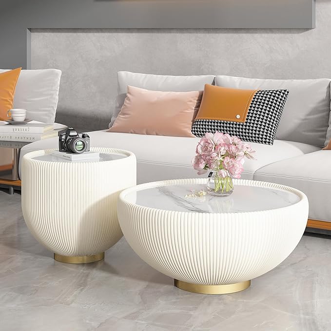 Round Marble Coffee Table Set of 2, 2 Piece White Coffee Table and End Table