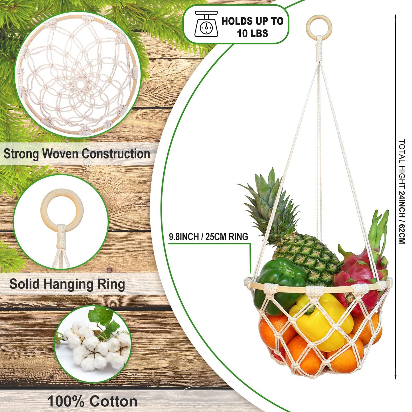 Single Tier Macrame Hanging Fruit Basket, Boho Vegetable Holder for Kitchen Food Storage with Hook, Bohemian Cotton Produce Organizer, Plant Hanger Decor for Home Bathroom Bedroom Women Christmas Gift