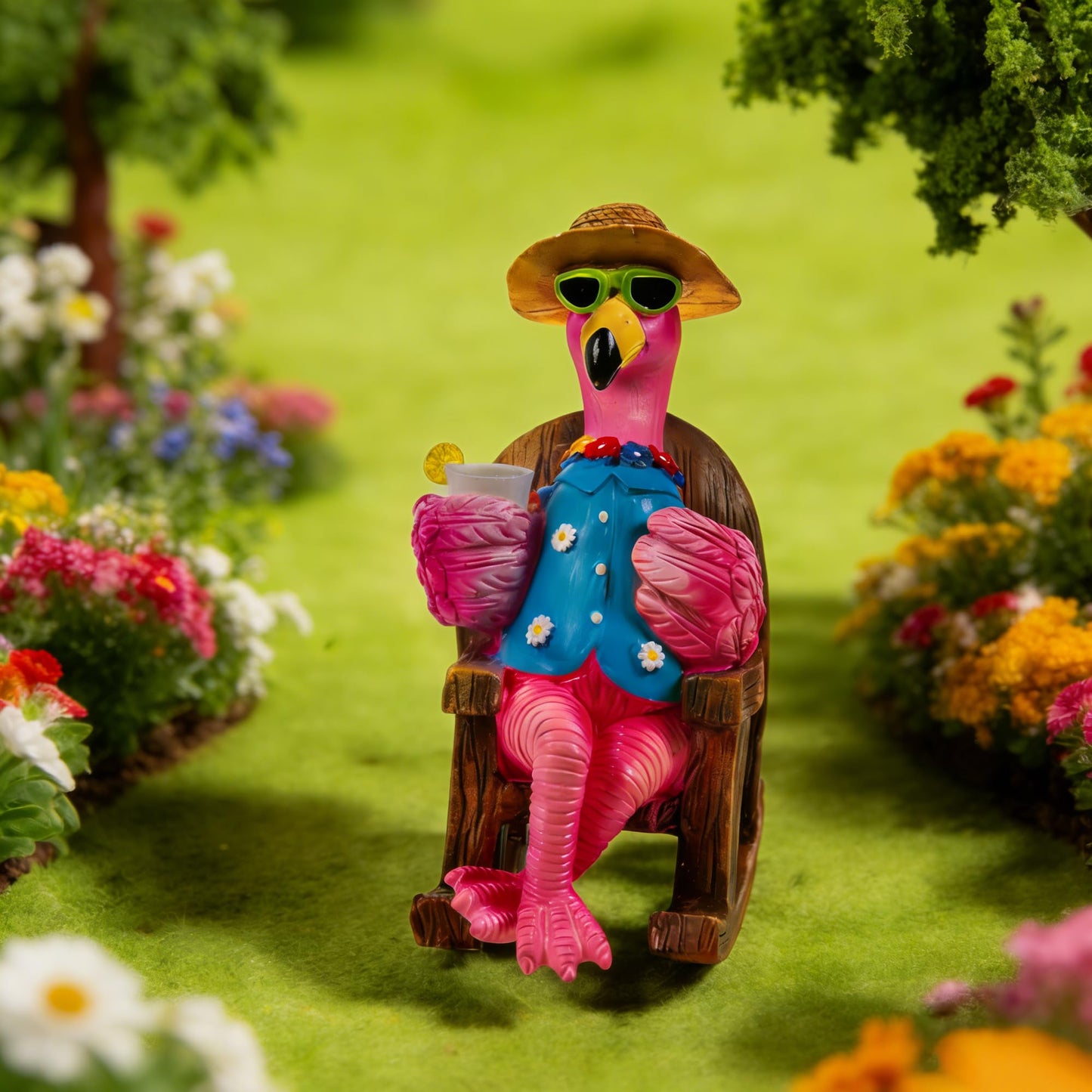 LIULO TOOL Solar Flamingo Figurines Garden Decor, Light Up Resin Flamingo Sitting on Chair Statue, Waterproof Outdoor Patio Sculpture, Cute Solar Powered Yard Decoration for Lawn Home Gift