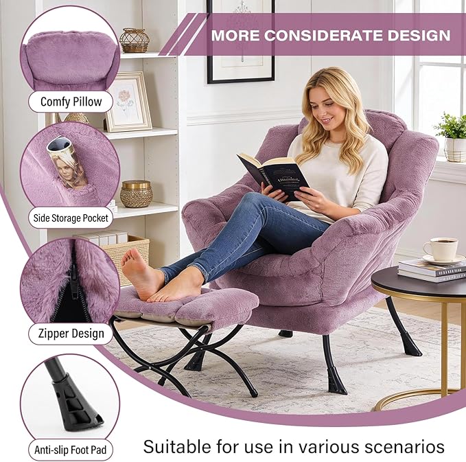 MBOOYOME Lazy Chair with Ottoman, Modern Accent Lounge Armchair with Side