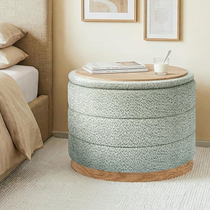 Round Storage Ottoman with Tray Lid, Folding Chenille Fabric Footrest with