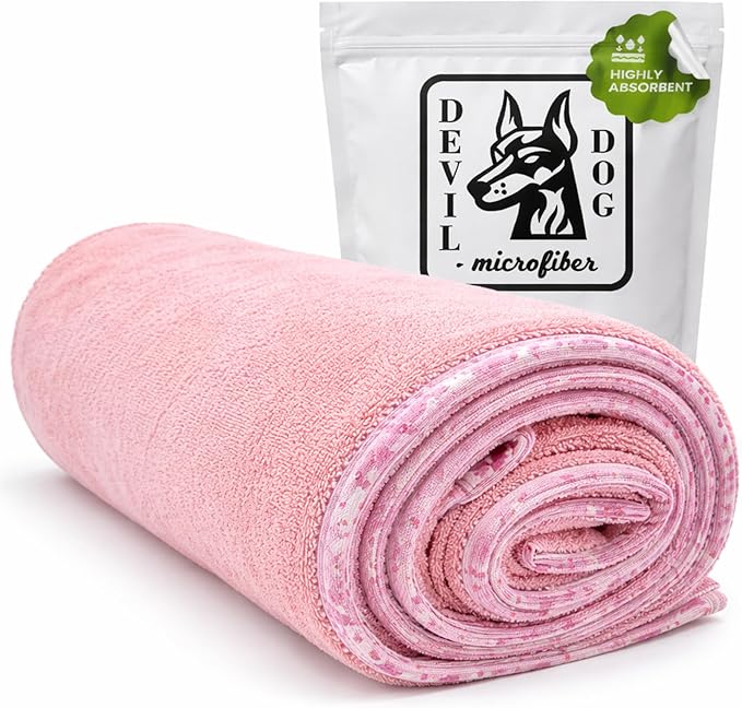 Dog Drying Towel for Dogs – Extra Large 24" x 35" Microfiber Dog Bath Towel, 1200 GSM Twisted Loop, Ultra Absorbent, Edgeless, Quick Dry for Bath, Beach & Travel, Pink