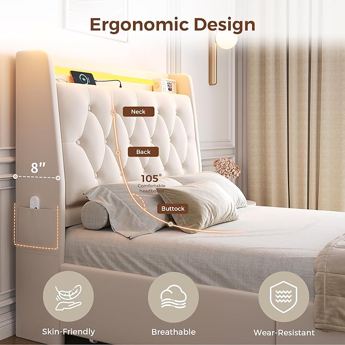 Twin LED Velvet Bed Frame with 2 Storage Drawers&Hidden Headboard, Upholstered