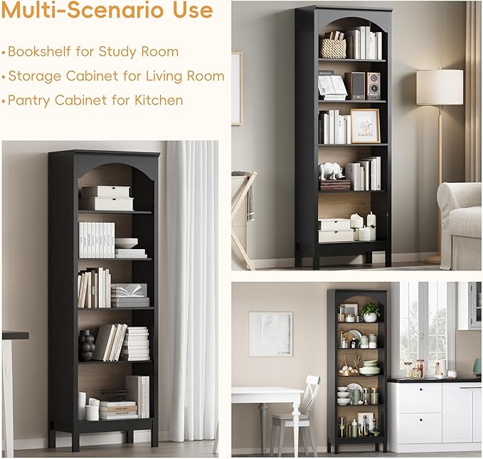 Arched Bookshelf with 5 Tier Open Shelves, Study and Living Room, Modern Black