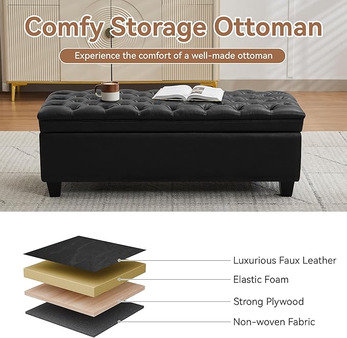 WUTUTUEE 50" Faux Leather Storage Ottoman Bench, End of Bed Upholstered
