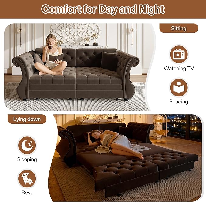 83.8" Oversized Pull Out Sofa Bed, Chesterfield Velvet Sleeper Sofa Couch