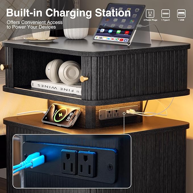 Black Nightstand with Charging Station and LED Light, Fluted Bedside Table with