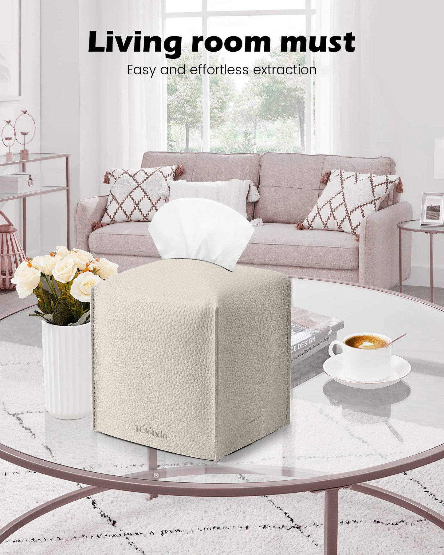 Tclouda Tissue Box Cover for PU Leather, Modern Simple Solid Color Holder Square Tissue Bag, Ideal for Bathrooms,Office,Car,Outdoor Tent,Dining Table,5"X5"X5", Double Off-White