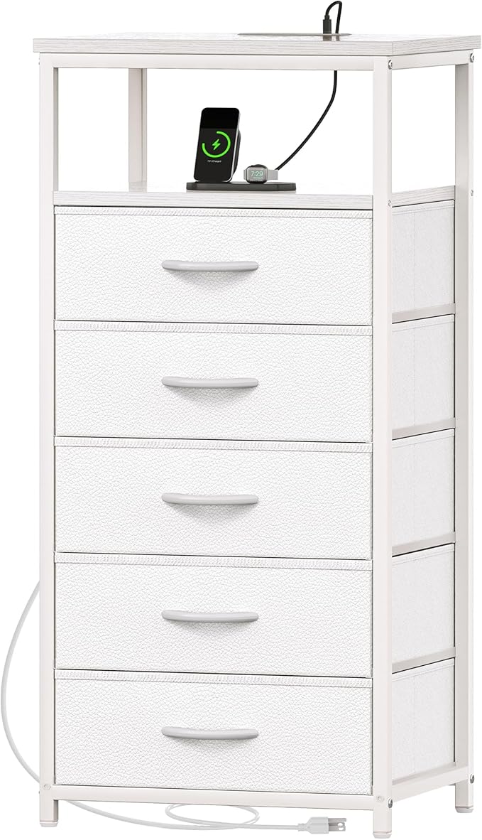 Huuger White Dresser with 5 Drawers & Charging Station, Tall Dresser