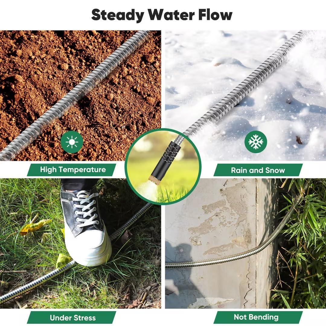 Garden Hose 100ft, Heavy Duty Stainless Steel Water Hose with 10 Functional Nozzles, No Kink, Lightweight and Flexible, Easy to Use and Store, Strong and Sturdy, Suitable for Yard and Lawn