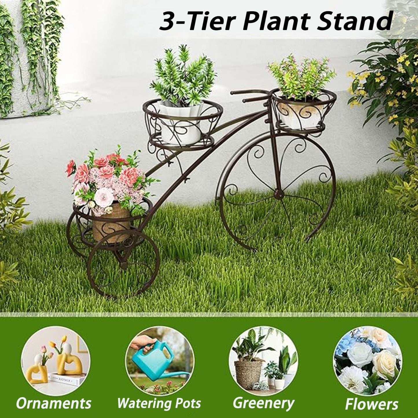 Planter Potted Holder Tricycle Plant Stand, Parisian Style Flower Display Stand Cart,3-Tier Metal Plant Stand Bicycle Flower Pot Cart with Hollowed Baskets for Patio,Garden,Deck,Lawn(Black)