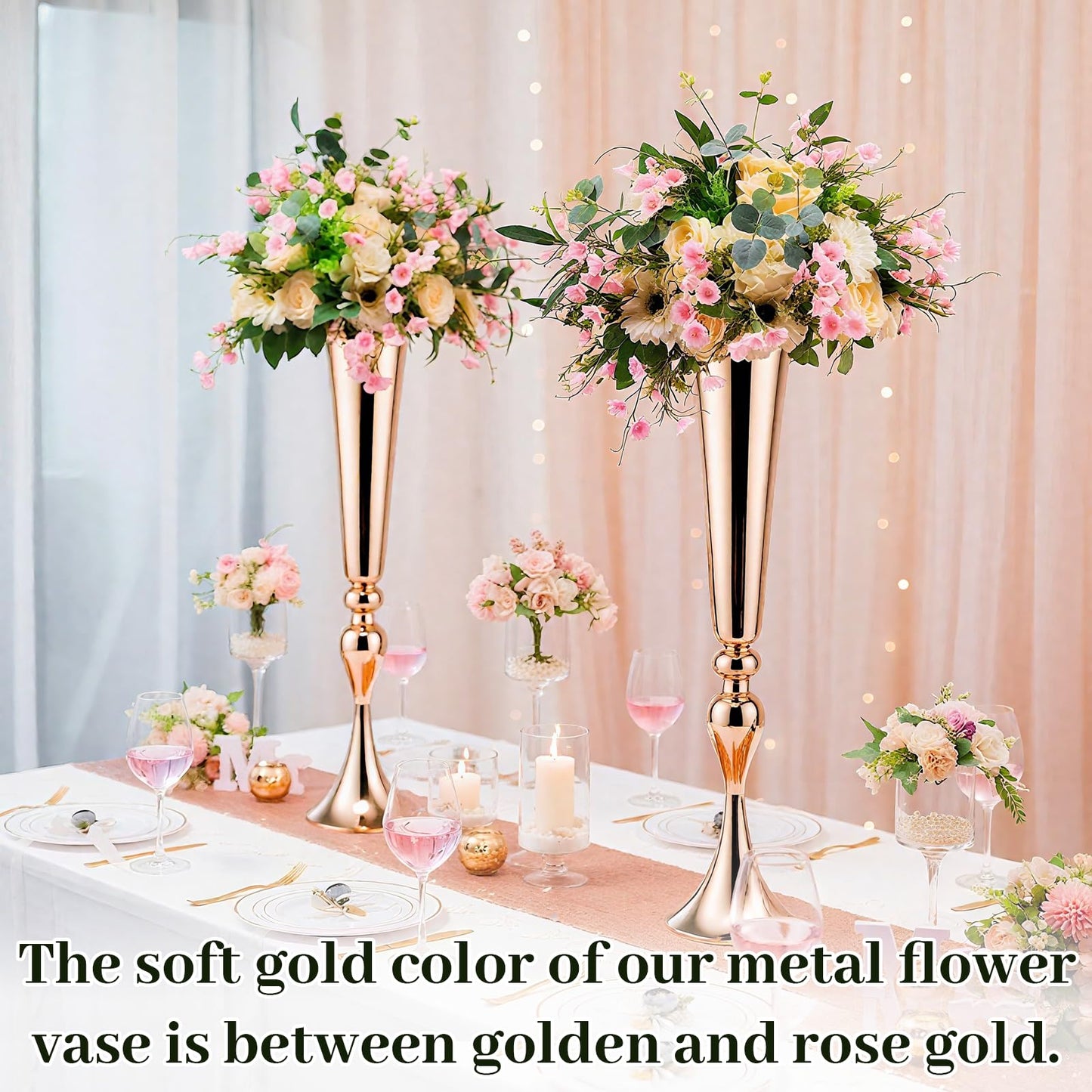 Gold Vase for Wedding Centerpiece, 2Pcs Metal Trumpet Vase 22" Tall Flower Stand for Wedding Table Centerpiece Decoration Floral Arrangement for Reception Bridal Party Decor
