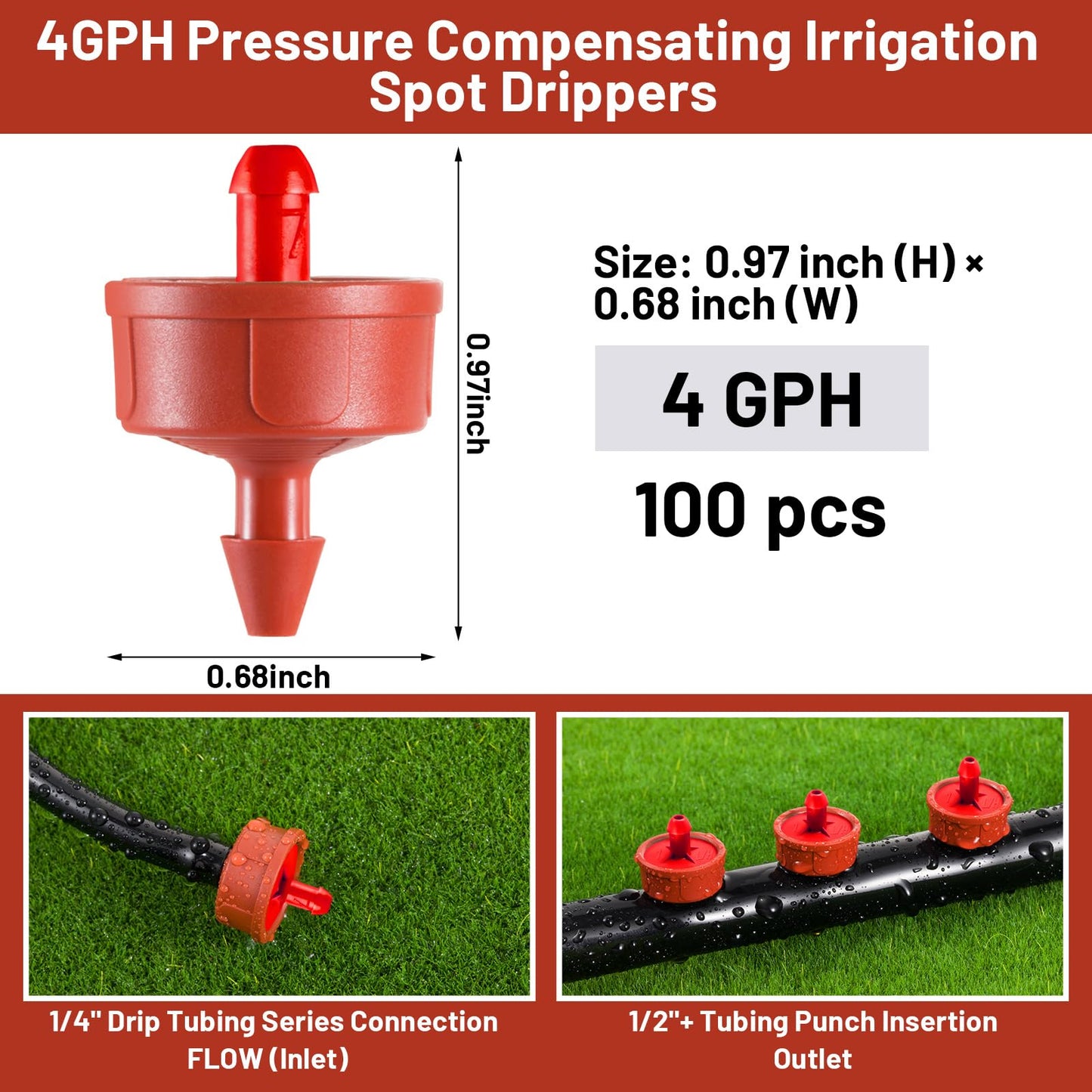 100 PCS 4 GPH Pressure Compensating Drip Irrigation Spot Dripper, Max Flow Drip Irrigation Emitters Heads for Dry Soil Thirsty Plants, Irrigation Drippers Parts for Arid Area Outdoor Irrigation