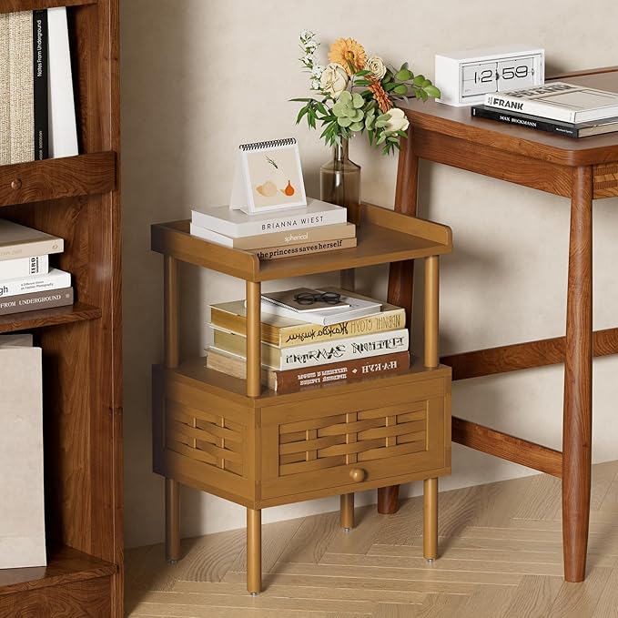 Amazer Walnut Nightstand with Charging Station, Bamboo Night Stand
