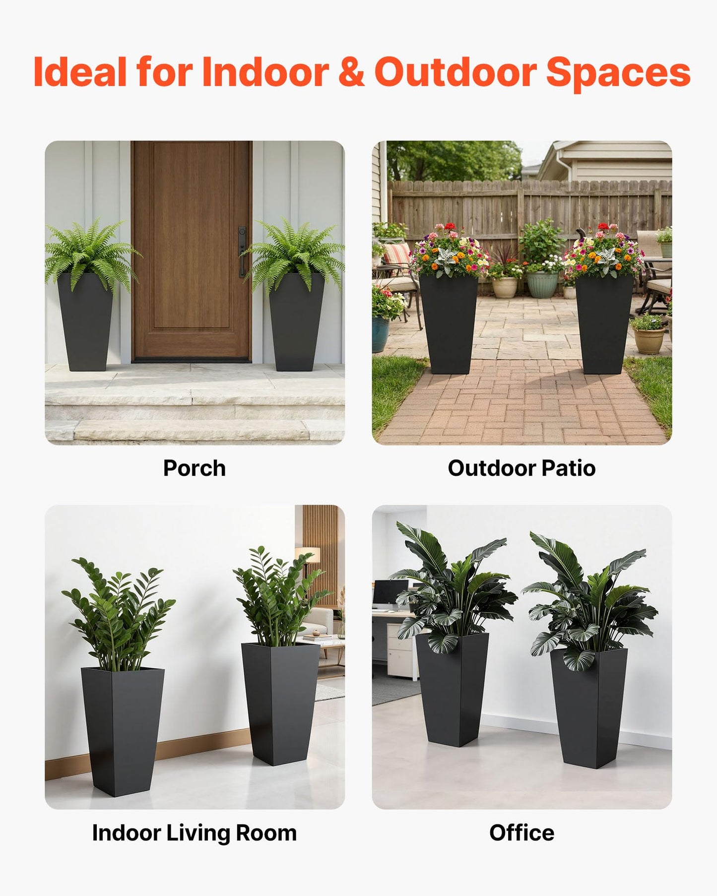 VEVOR 26 Inch Tall Planter Set of 2, Outdoor Large Tall Planters for Outdoor Indoor Plants, Tapered Black Planter for Front Porch, Patio, Garden, Plant Container Flower Pots with Built-in Drainage