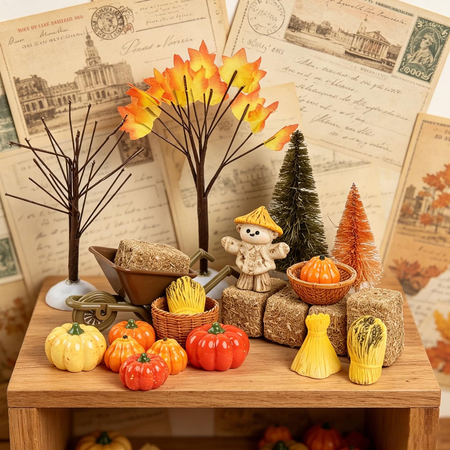 33 PCS Mini Fall Figurines Thanksgiving Resin Figurines Autumn Tiny Resin Farm Miniature Include Trees Pumpkins Scarecrow Wheelbarrow Ears of Wheat Basket Fence for Harvest Home Table Decorations