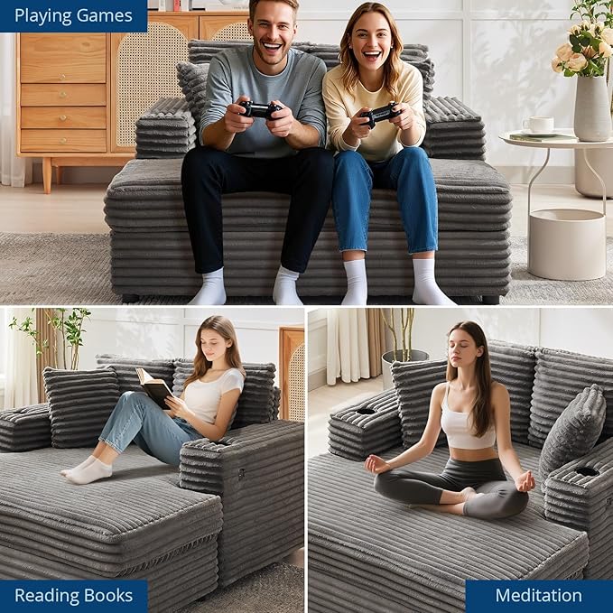IDEALHOUSE 60" Oversized Chaise Lounge Chair Indoor, Comfy Corduroy Lounge Sofa