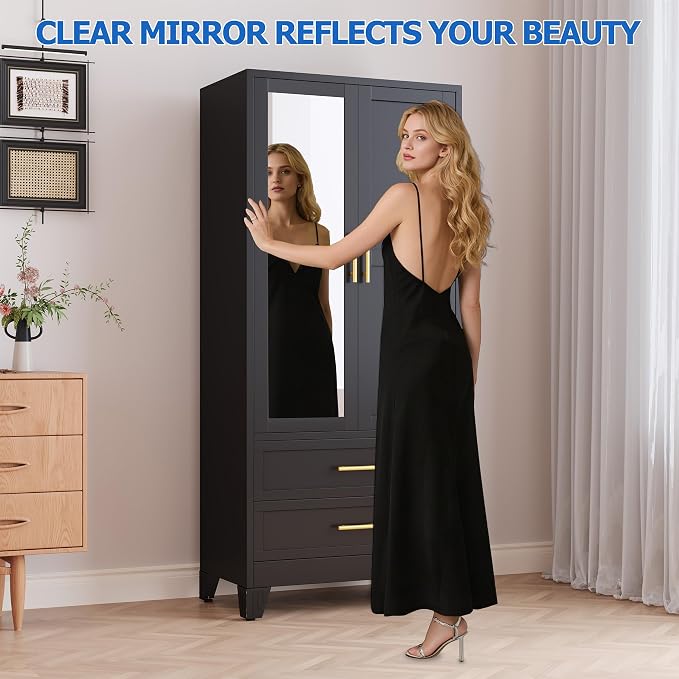 GAIOUS Steel Armoire Wardrobe Closet with Mirror and 2 Drawers 71" Black | Clothes Storage Cabinets with 2 Doors, 1 Adjustable Shelf, Metal Wardrobe Cabinet with Hanging Rod for Bedroom, Gym, Cloak