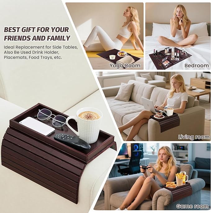 GEHE Bamboo Sofa Arm Tray, Foldable Couch Arm Tray Side Table, Anti-Falling