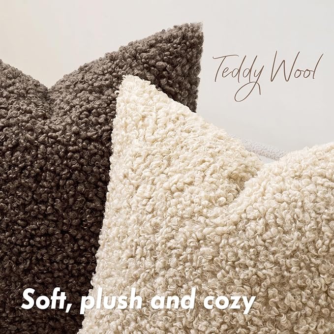 Faux Fur Throw Pillow Covers 18x18 Inch Set of 2 Boucle Neutral Decorative