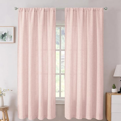 Tollpiz Linen Curtains Living Room Rod Pocket Semi Sheer Curtain Burlap Light Filtering Thick Linen Drapes for Bedroom, 38 x 63 inches Long, Pink, Set of 2 Panels