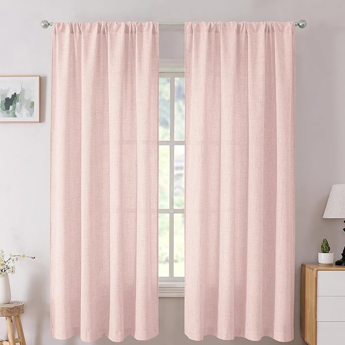 Tollpiz Short Linen Curtain Living Room Rod Pocket Semi Sheer Curtains Burlap Light Filtering Thick Linen Drape for Bedroom, 54 x 45 inches Long, Pink, Set of 2 Panels
