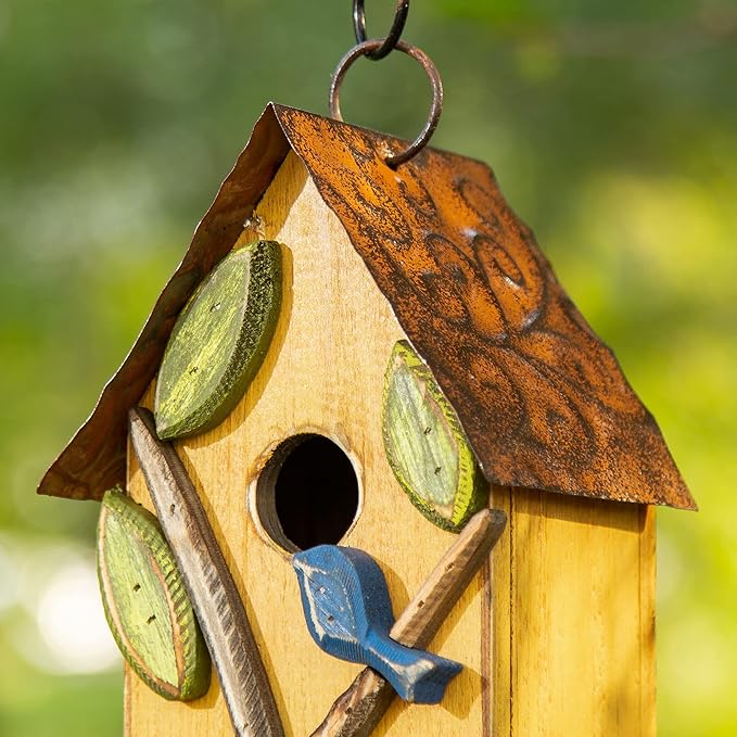 Glitzhome Birdhouse for Outdoor Hanging, 9.7" H Patio Garden Pet Cottage Distressed Decorative Birdhouse Wooden Bird House for Bluebird Wren Sparrow Finch Cardinal, Leaves Rustic Yellow