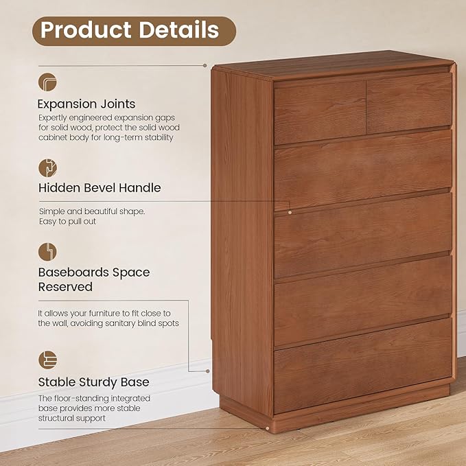 Solid Wood Dresser for Bedroom, Natural Solid Wood 6 Drawer Dresser, 45.3" Tall