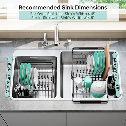 Urackify Dish Drying Rack in Sink - Stainless Steel Expandable (14.5''-18''L) Over The Sink Dish Rack with Utensil Holder, Space-Saving Dish Drainer for Kitchen Counter, 1 Piece, Matte Black