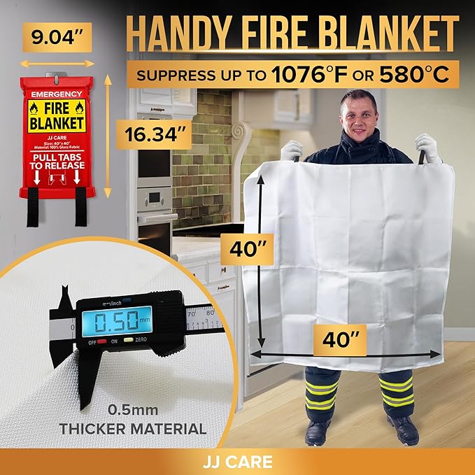 JJ CARE Fire Blanket – (X-Large) 6.5x6.5ft w/Hooks & Gloves, Emergency Fire Blanket for Home & Kitchen, High Heat Resistant Fire Suppression Blankets for Home Safety, Kitchen, Camping