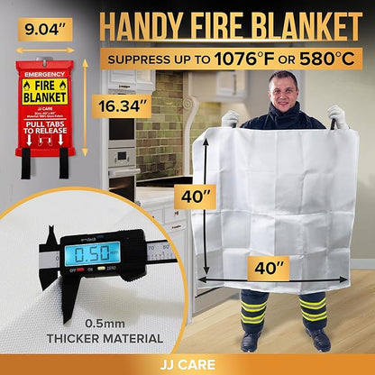 JJ CARE Fire Blanket – 9 Packs with Hooks and Gloves – 40” x 40” Fire Blankets Emergency for Home and Kitchen, High Heat Resistant and Flame Protection for Kitchen, Car, Office, Camping & Home Safety