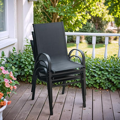 Flamaker Patio Chairs Stackable Dining Chairs Set of 4 Metal and Teslin Outdoor Chairs for Lawn Deck Porch Balcony (Black)