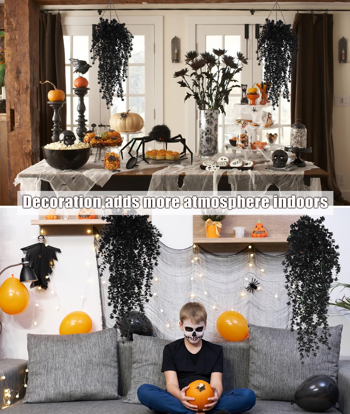 RECUTMS Black Hanging Flowers Faux Hanging Plants Black Artificial Hanging Plant Fake Greenery Faux UV Resistant Hanging Vines Plant for Indoor Outdoor Wedding Halloween Party Fall Wall Decor 3 Packs