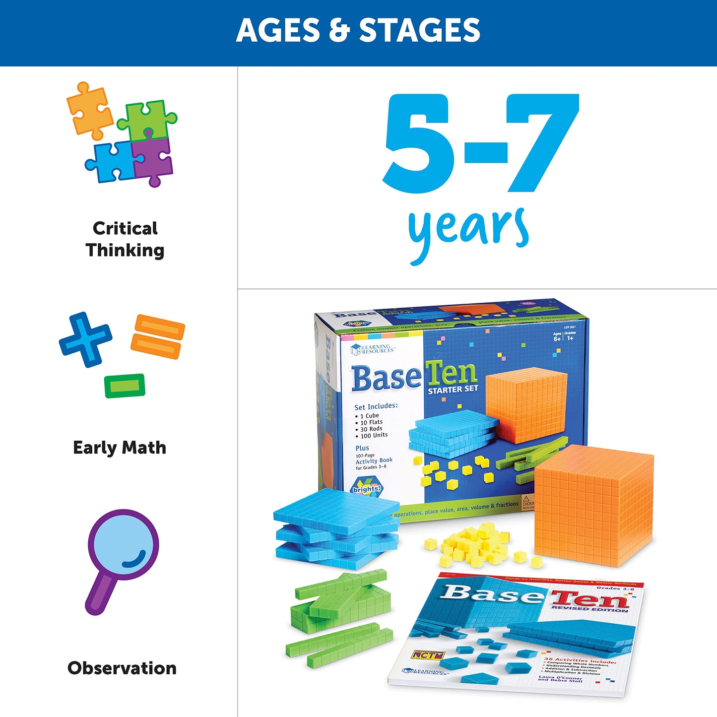 Learning Resources Brights! Base 10 Starter Set - 100 Piece Set, Ages 6+, 1+ Grade, Math Manipulatives, Teacher Supplies, Back to School