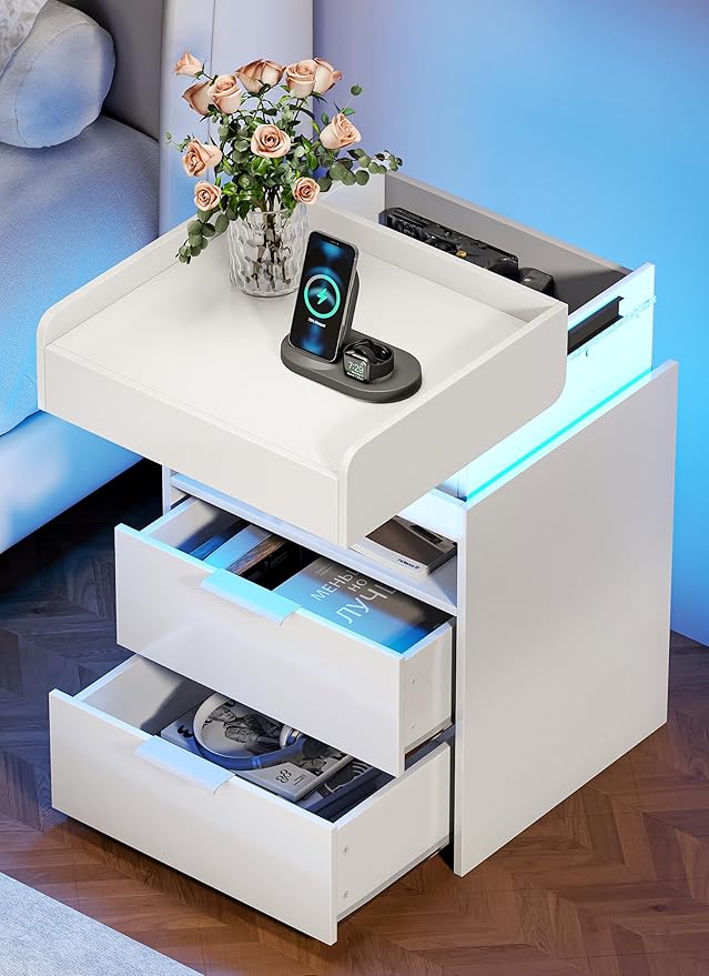 Turosur LED Night Stand with Gun Drawer, Smart Nightstand with Hidden Charging