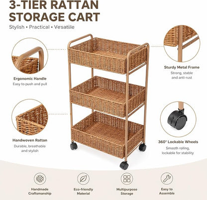FOCHIER F Utility Storage Cart,3-Tier Rolling Kitchen Office Laundry Room Cart with Wheels,Mobile Shelving Unit Organizer for Living Room,Bathroom, Baby Diaper Cart,Art,Dining Room