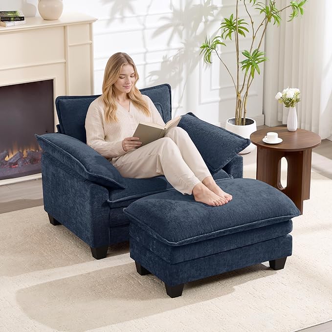 Oversized Accent Chair with Ottoman Set of 2, Upholstered Armchair with Extra