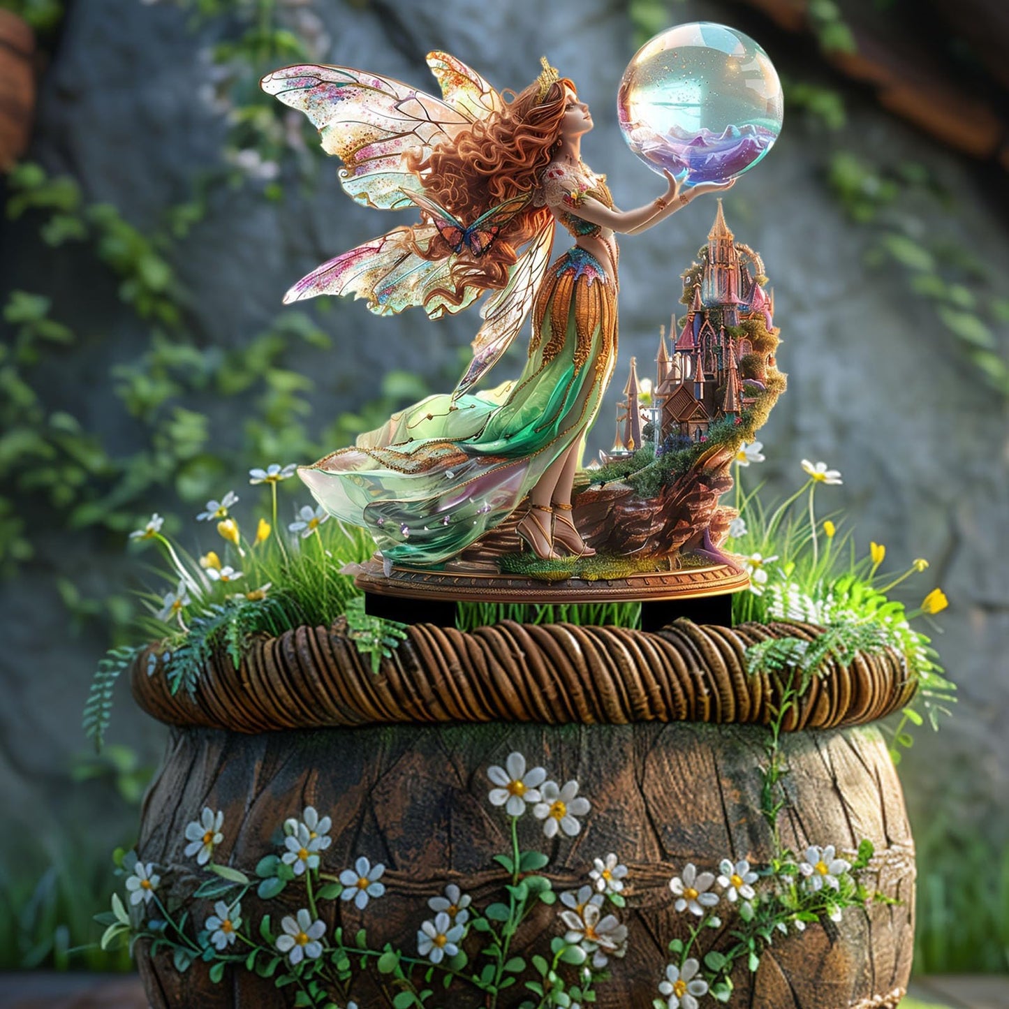 ANNUOZE Fairy Garden Stake Decor, 2D Flat Acrylic Fairy Garden Decor Panel, Elf Yard Sign for Outdoor Indoor Yard Lawn Plants Pots, Fairy Garden Accessories (Fairy with Crystal Ball)
