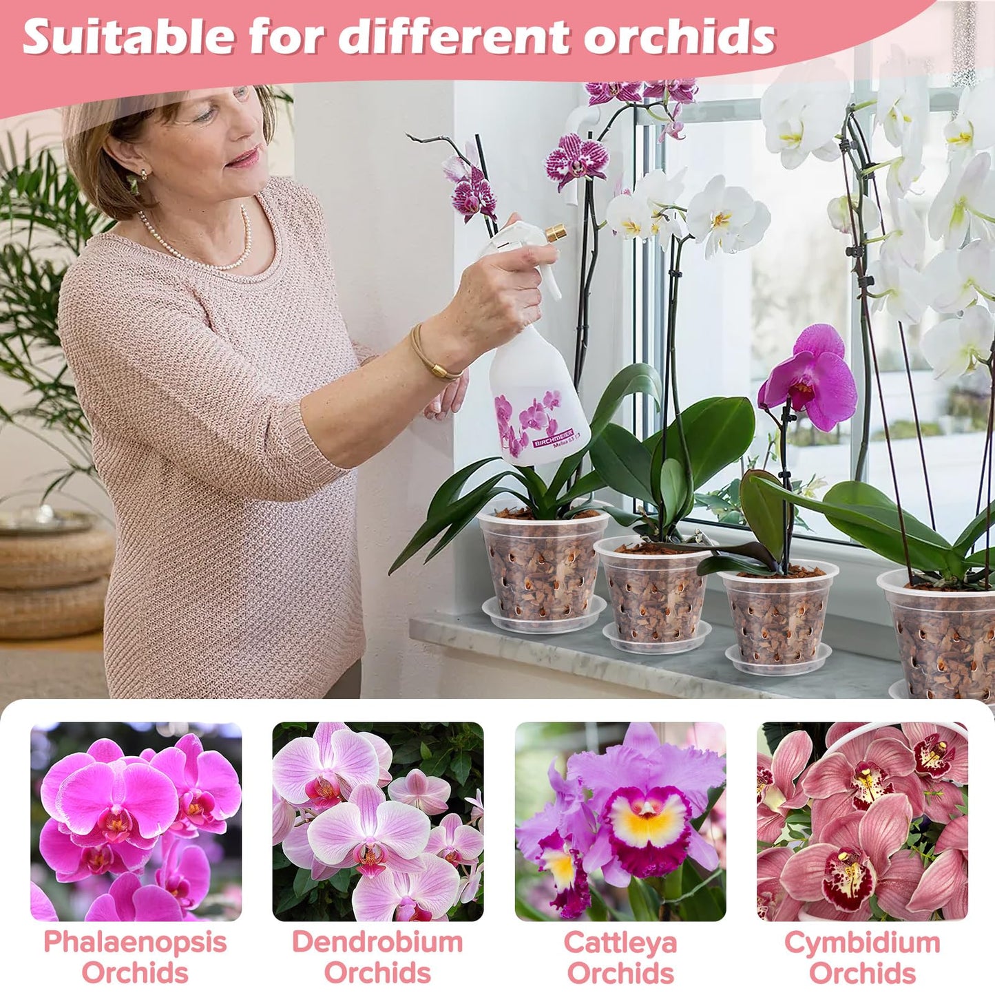 FUIJOL Orchid Pot, 6 Pack 5 Inch Clear Orchid Pots with Holes and Saucers for Repotting, Breathable Slotted Plastic Orchid Planters with Drainage for Root Health Indoor Outdoor (5 Inch)