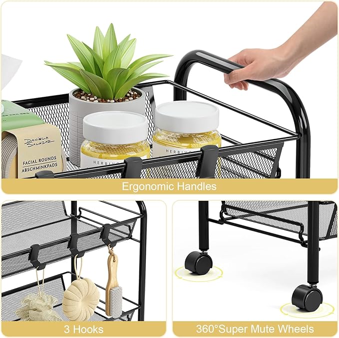 TOOLF 3-Tier Metal Rolling Cart, Mesh Wire Easy Assemble Utility Cart, Storage