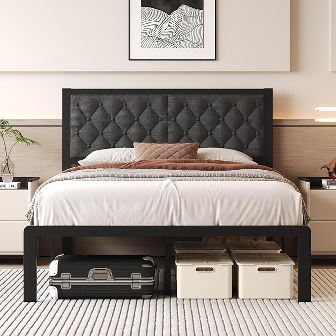 Fluest Full Bed Frame with Headboard Linen Upholstered Bed Frame Platform