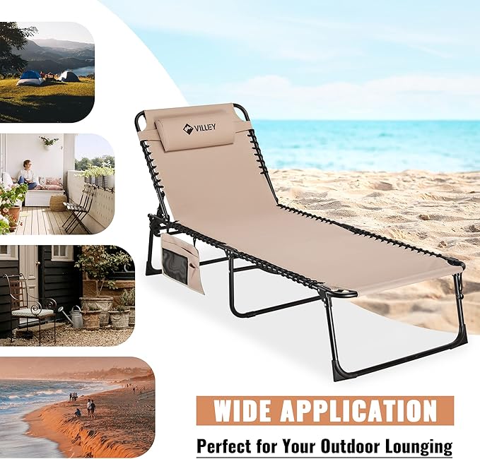 VILLEY Oversized Chaise Lounge Chair, Heavy-Duty Folding Outdoor Lounge Chair