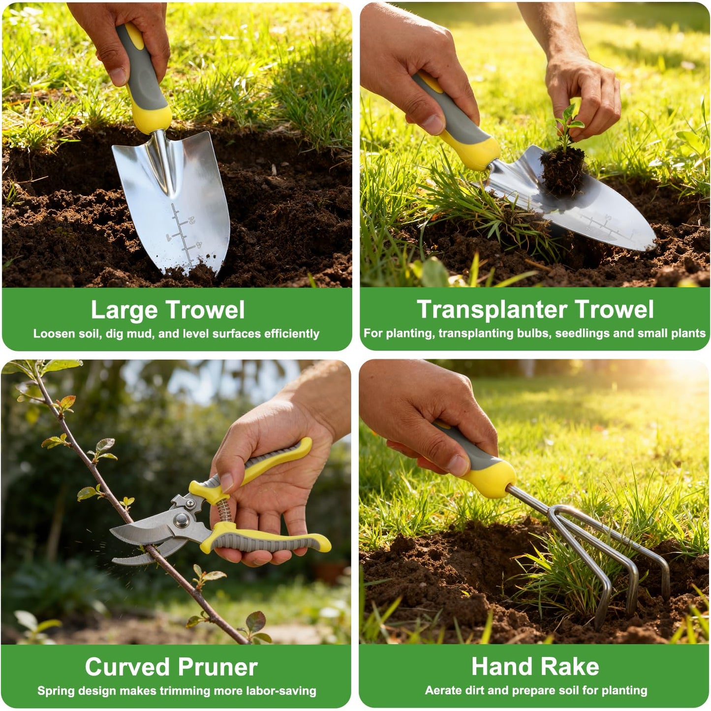 Yesker Gardening Tools 10-Piece Heavy Duty Garden Tool Set Gardening Supplies Gifts for Women Men Gardening Hand Tool Kit w Non-Slip Ergonomic Handle, Garden Bag, Durable Gloves, Pruning Shears, Gray
